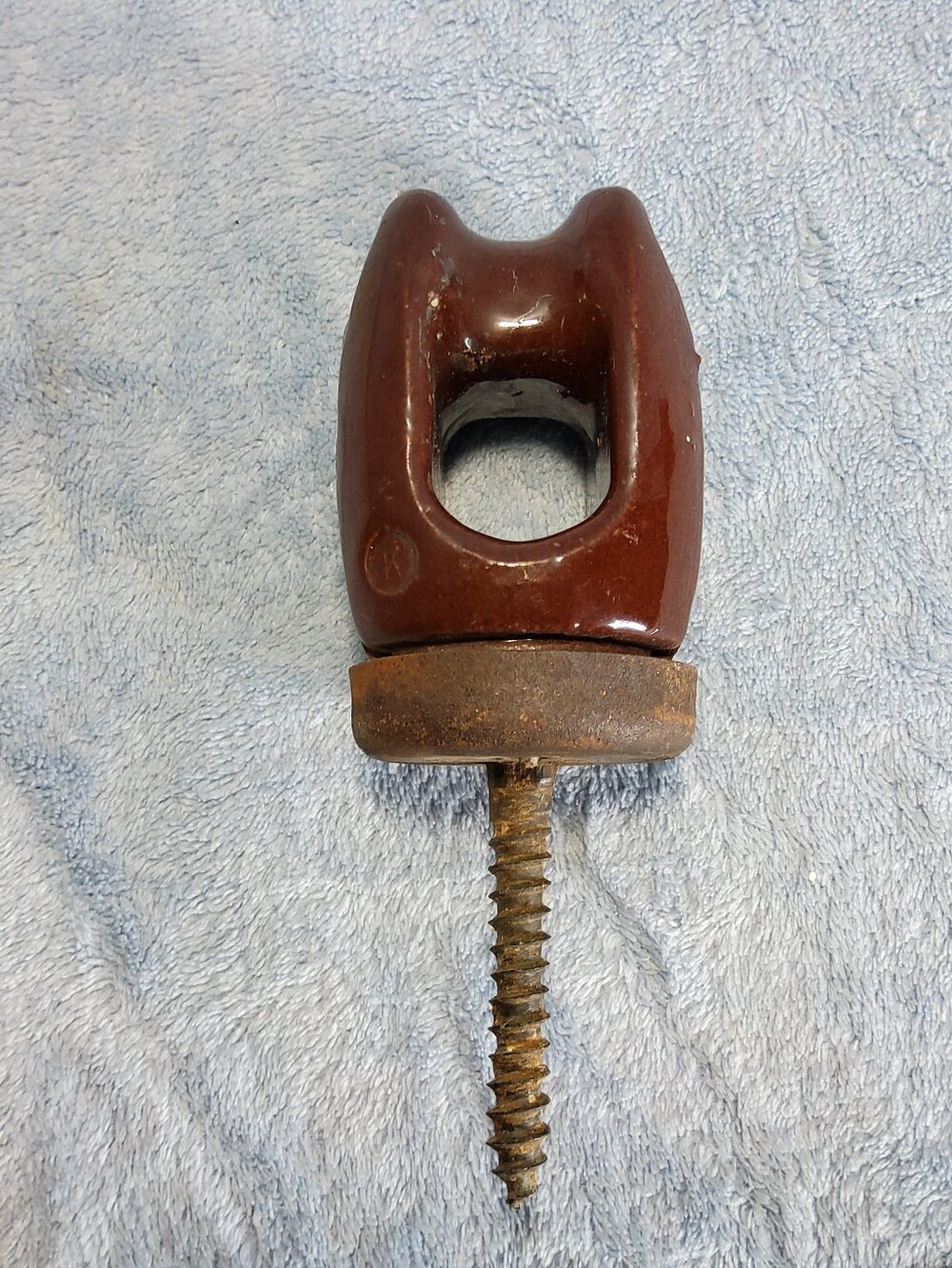 Vintage Knox Porcelain Shackle Spool Insulator Brown Glazed Circle K Lag Screw